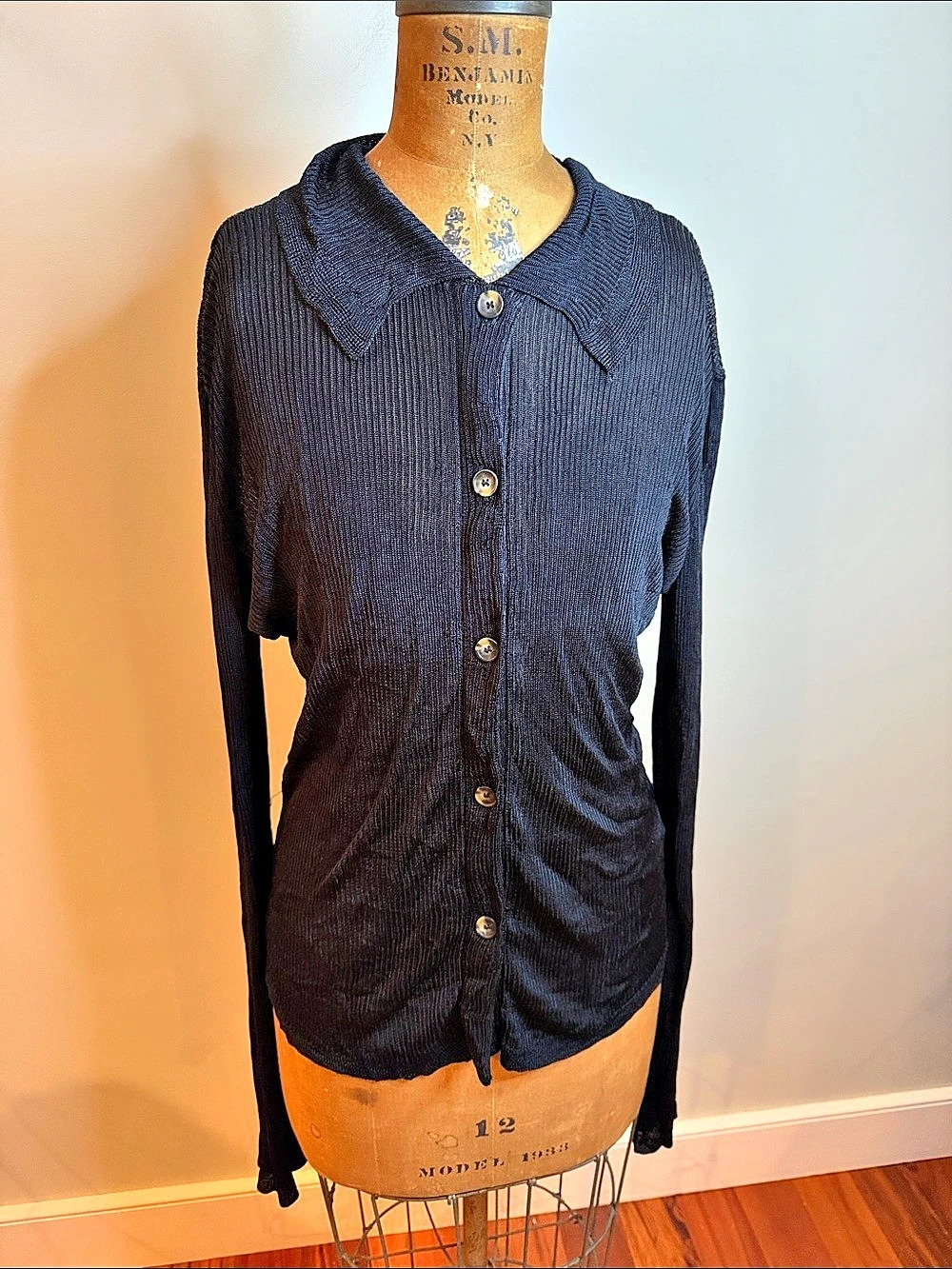 Free People Tilly Rib Long Sleeve Button-Up Top Black Medium